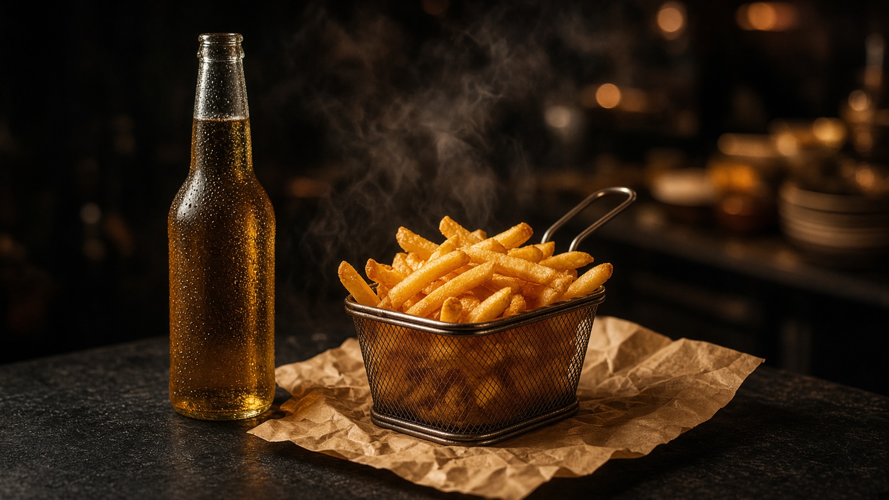 Porção de batata frita e cerveja gelada