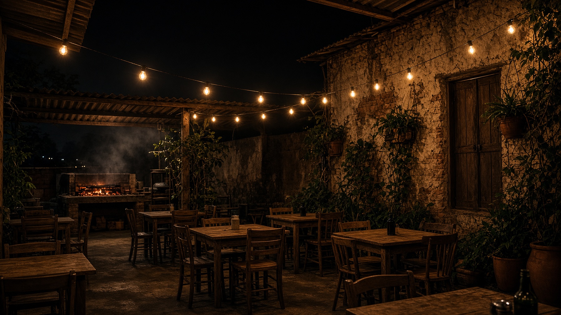 Ambiente noturno da hamburgueria, mesas ao ar livre e luzes quentes